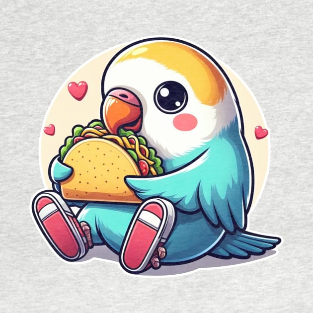 cute love birds are eating Mexican specialties, Tacos, Burritos, Enchiladas, Quesadillas, Guacamole, Fajitas, Chiles Rellenos, Tamales, Mole, Chilaquiles, by art poo